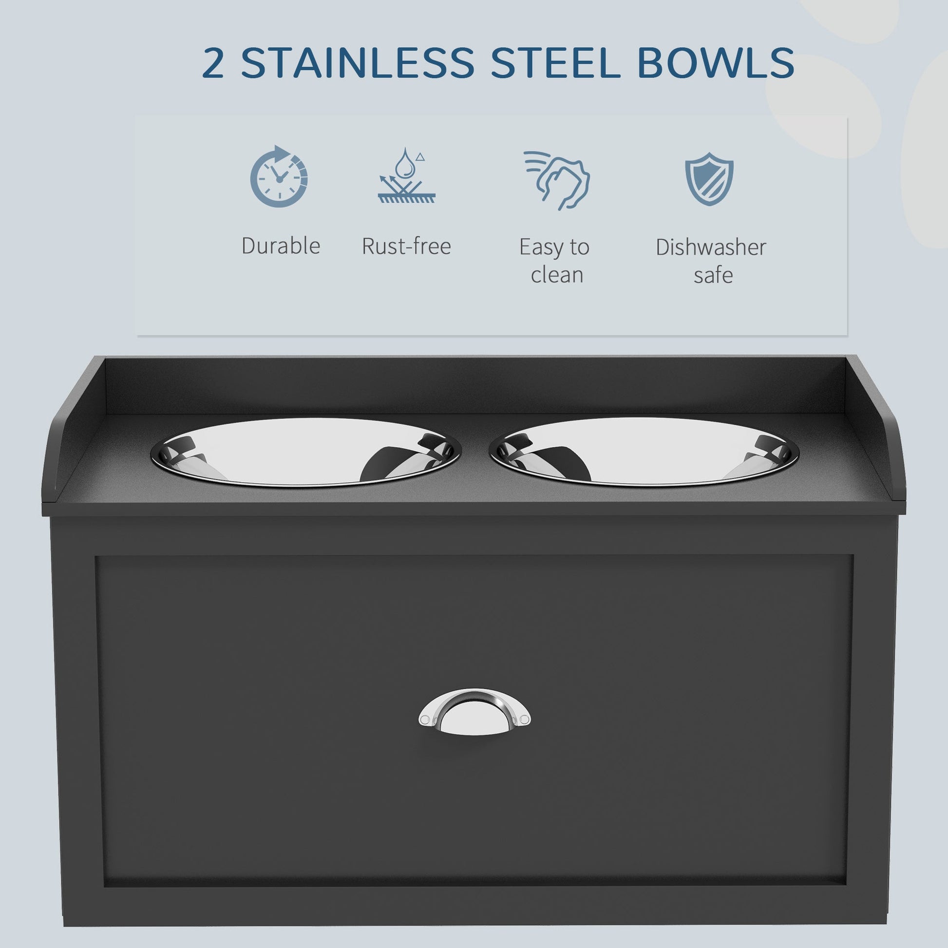 KFX-8827325 Elevated Pet Feeding Station with Storage - 2 Stainless Steel Bowls for Large Dogs, Black