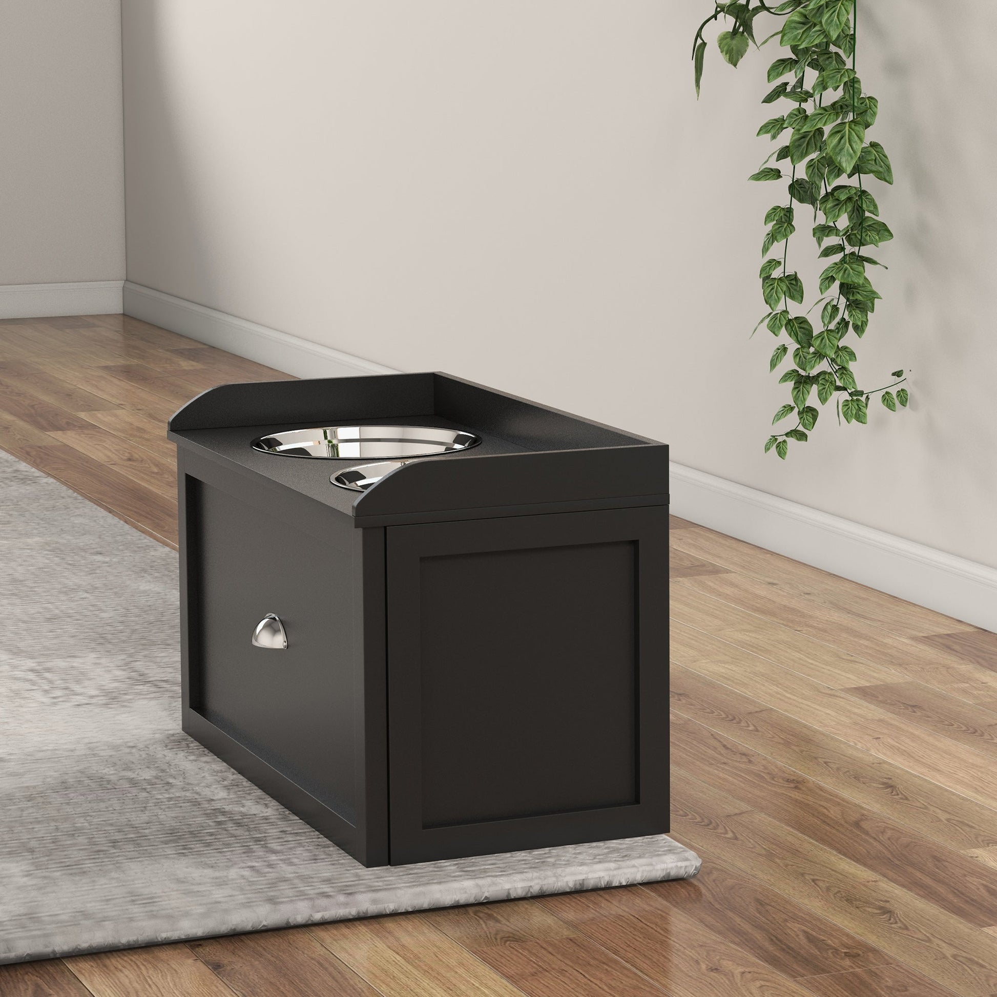 KFX-8827325 Elevated Pet Feeding Station with Storage - 2 Stainless Steel Bowls for Large Dogs, Black