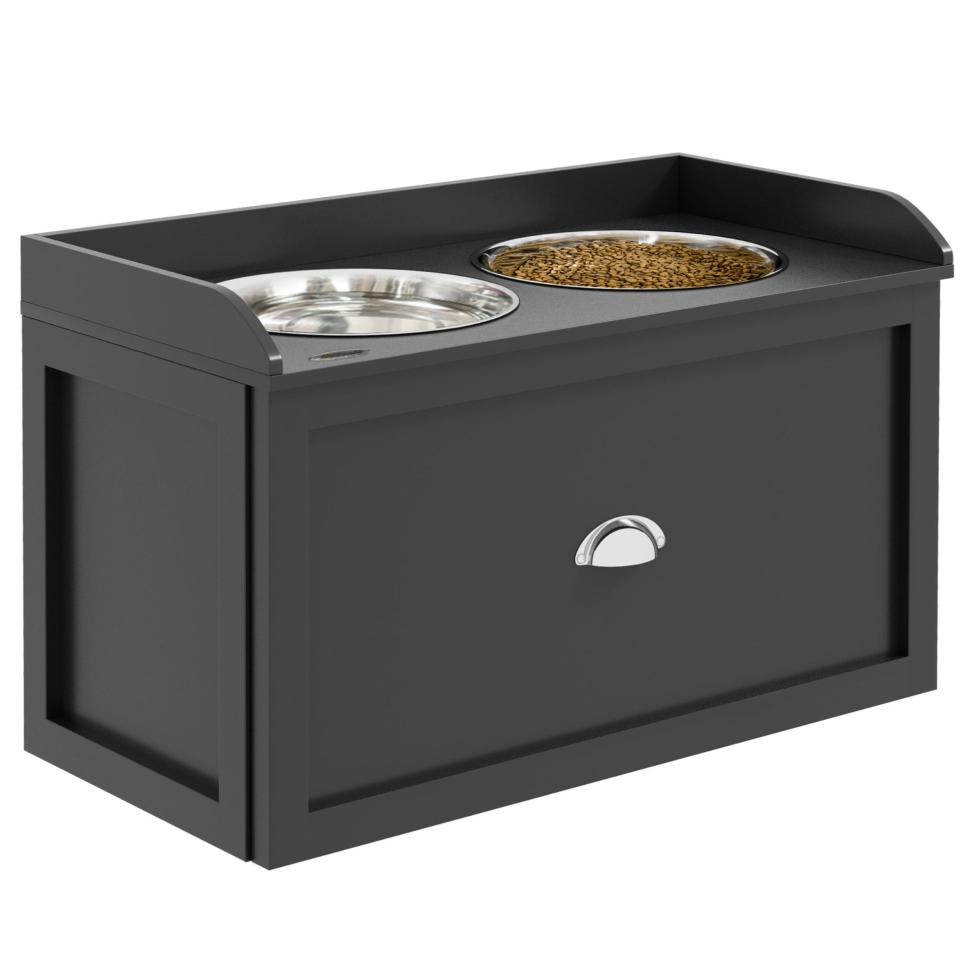 KFX-8827325 Elevated Pet Feeding Station with Storage - 2 Stainless Steel Bowls for Large Dogs, Black