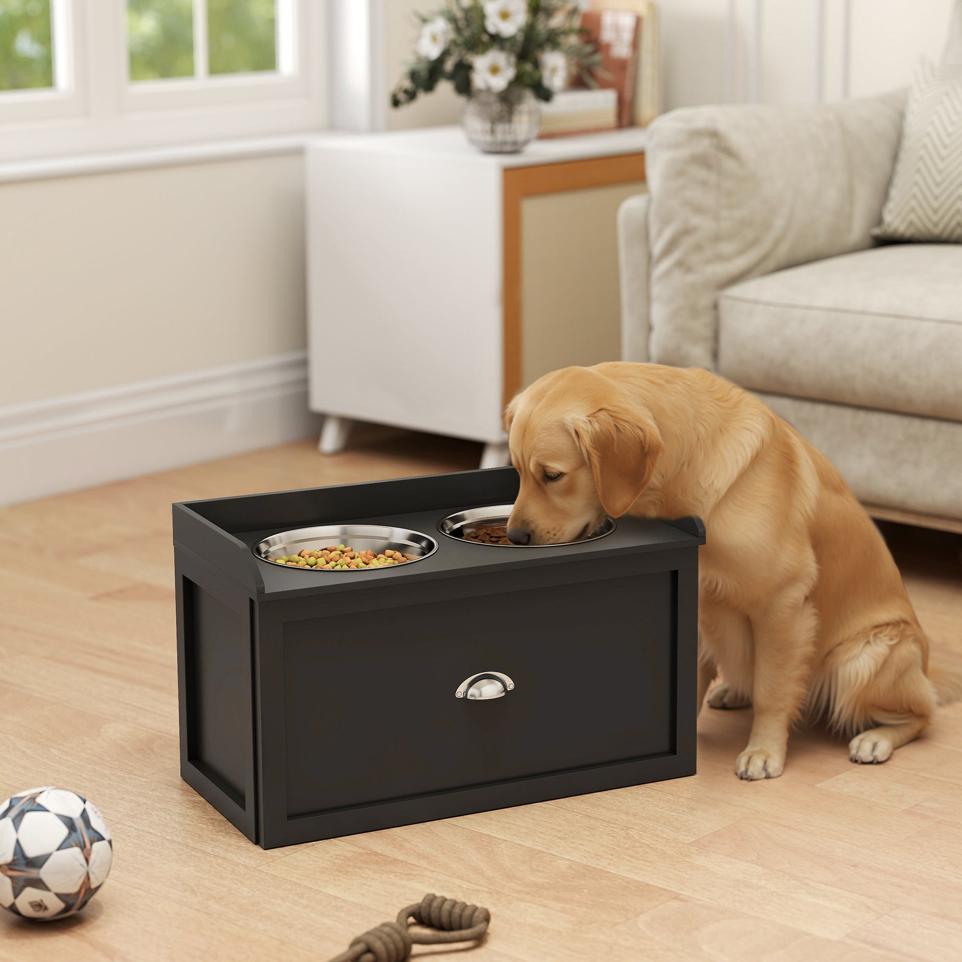 KFX-8827325 Elevated Pet Feeding Station with Storage - 2 Stainless Steel Bowls for Large Dogs, Black