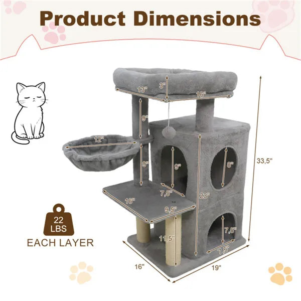 KFX-8830781 Multi-Level Cat Tree with Condo, Scratching Posts, and Anti-Toppling Device - Light Gray 33.5"