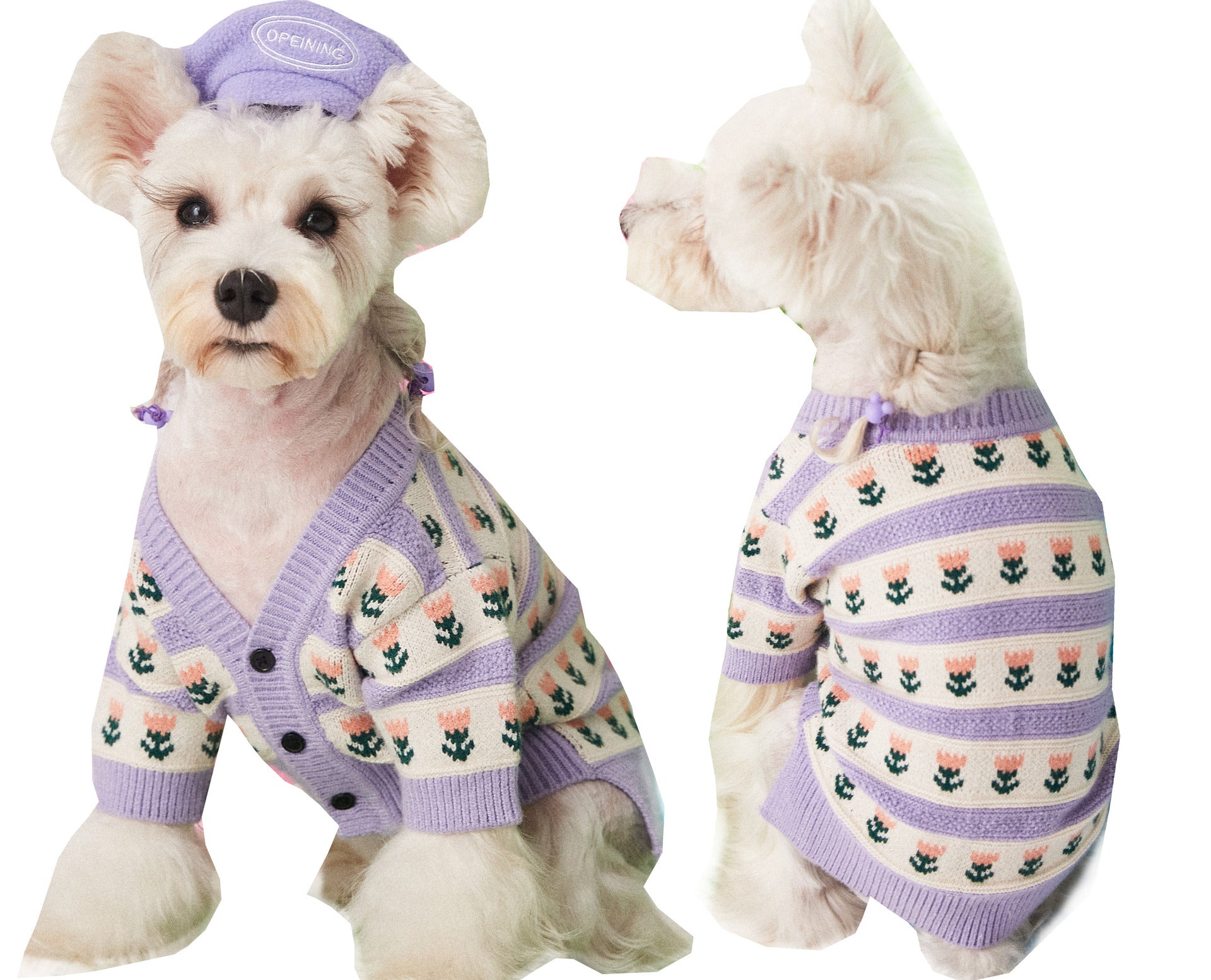 KFX-8834877 Cozy Purple Flower Jacquard Sweater Cardigan for Pets