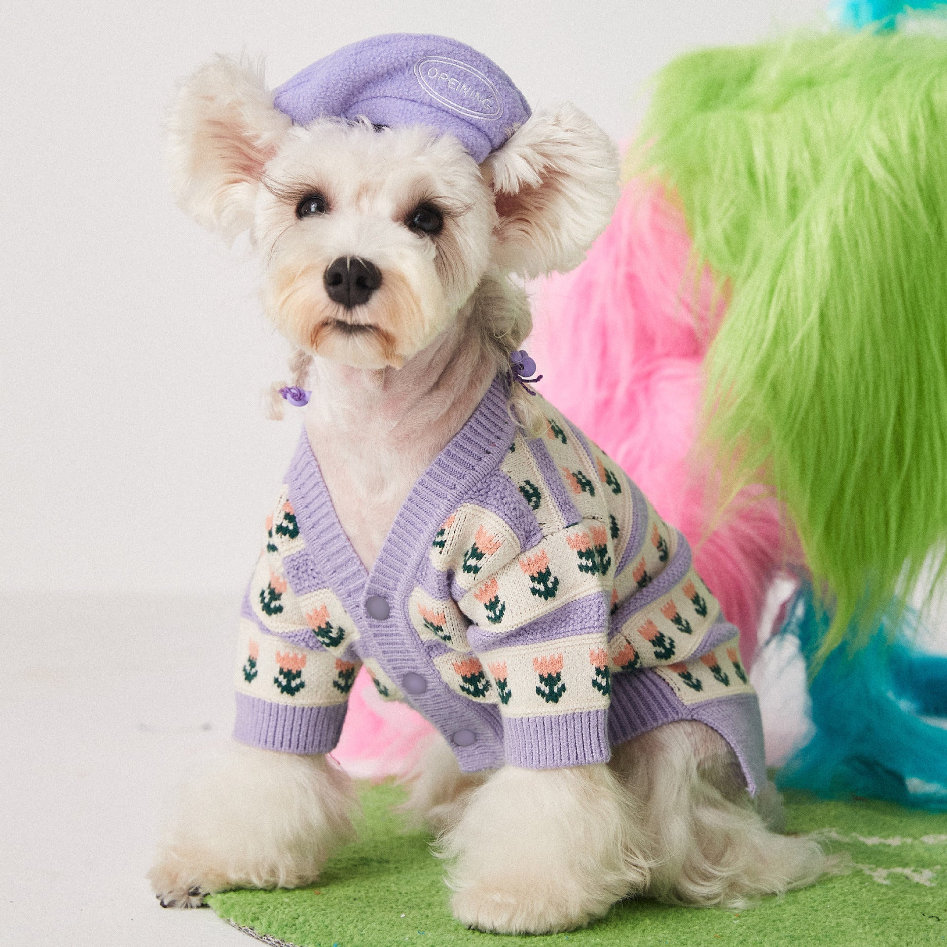 KFX-8834877 Cozy Purple Flower Jacquard Sweater Cardigan for Pets