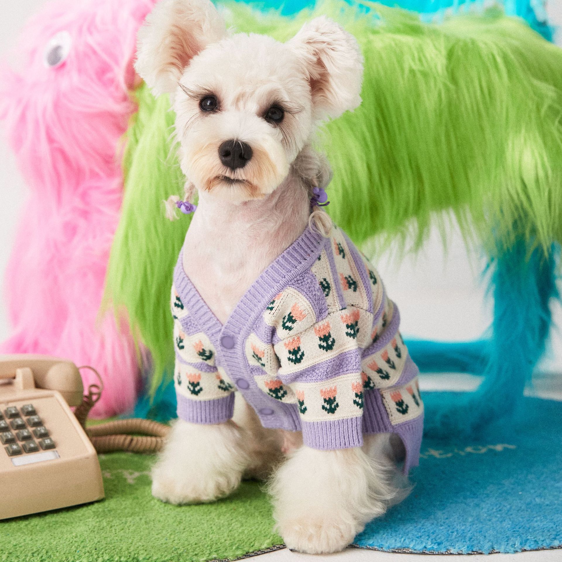 KFX-8834877 Cozy Purple Flower Jacquard Sweater Cardigan for Pets