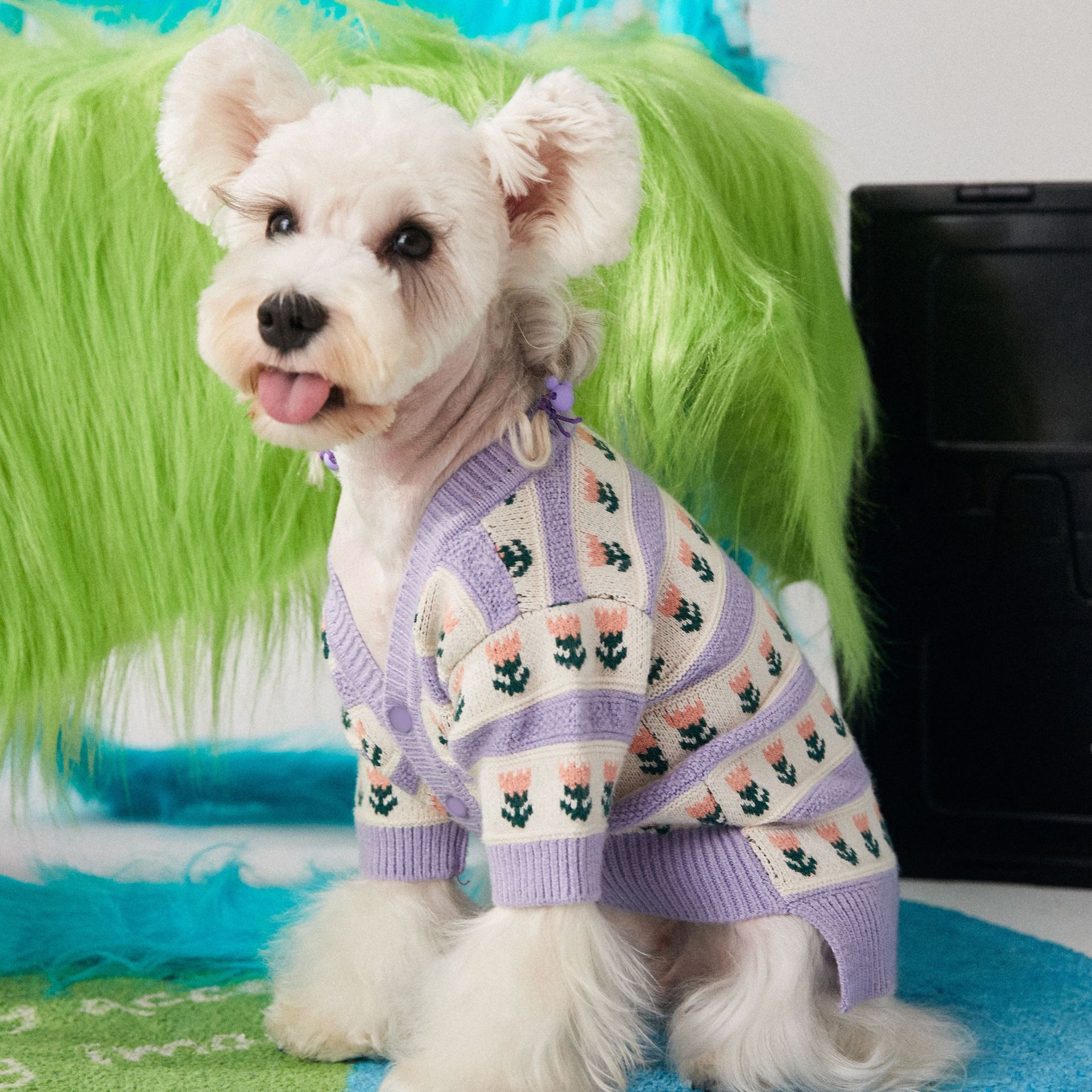 KFX-8834877 Cozy Purple Flower Jacquard Sweater Cardigan for Pets