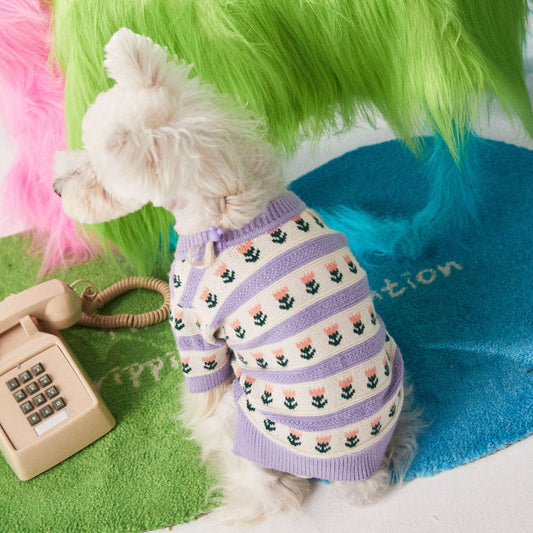 KFX-8834877 Cozy Purple Flower Jacquard Sweater Cardigan for Pets