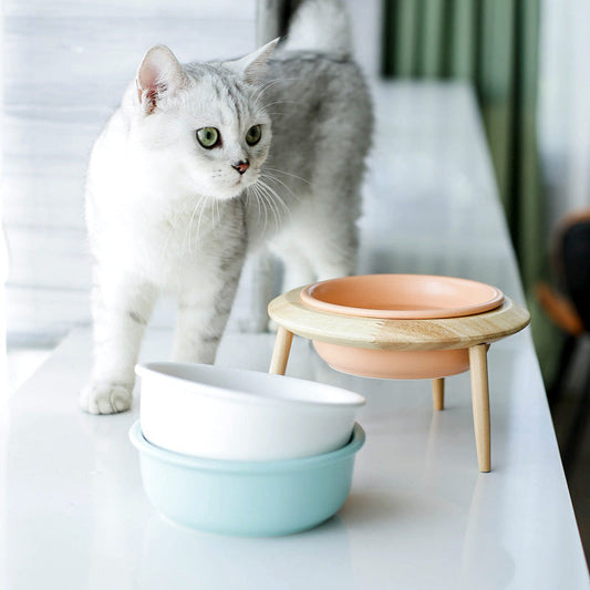 KFX-8837053 Large and Small Ceramic Cat and Dog Bowls with Bamboo Base, 800ml and 480ml, Non-Toxic Design