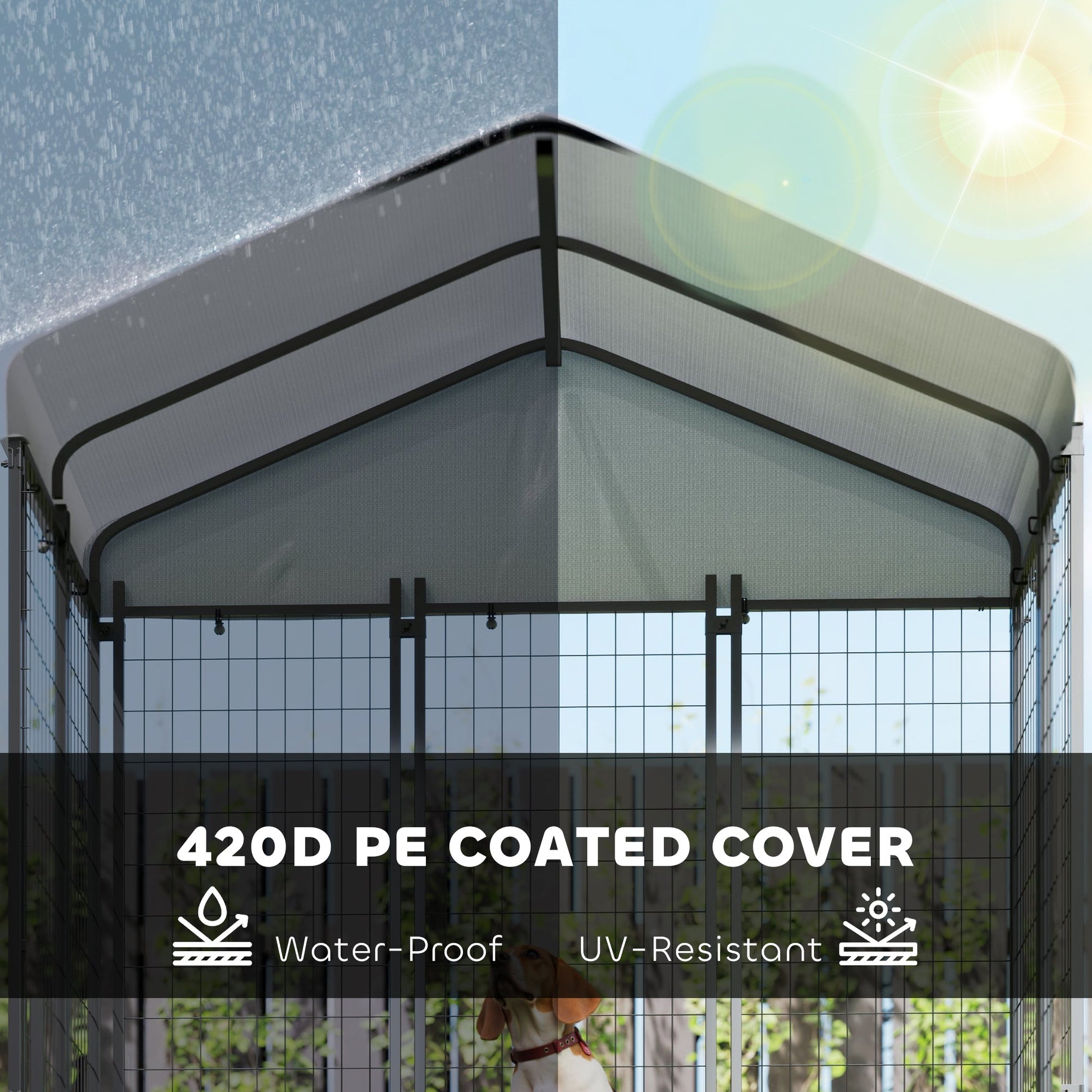 KFX-8840509 Escape-Proof Outdoor Dog Kennel with Roof, UV-Resistant and Waterproof Cover, 5.9 x 4 x 6 ft, Silver