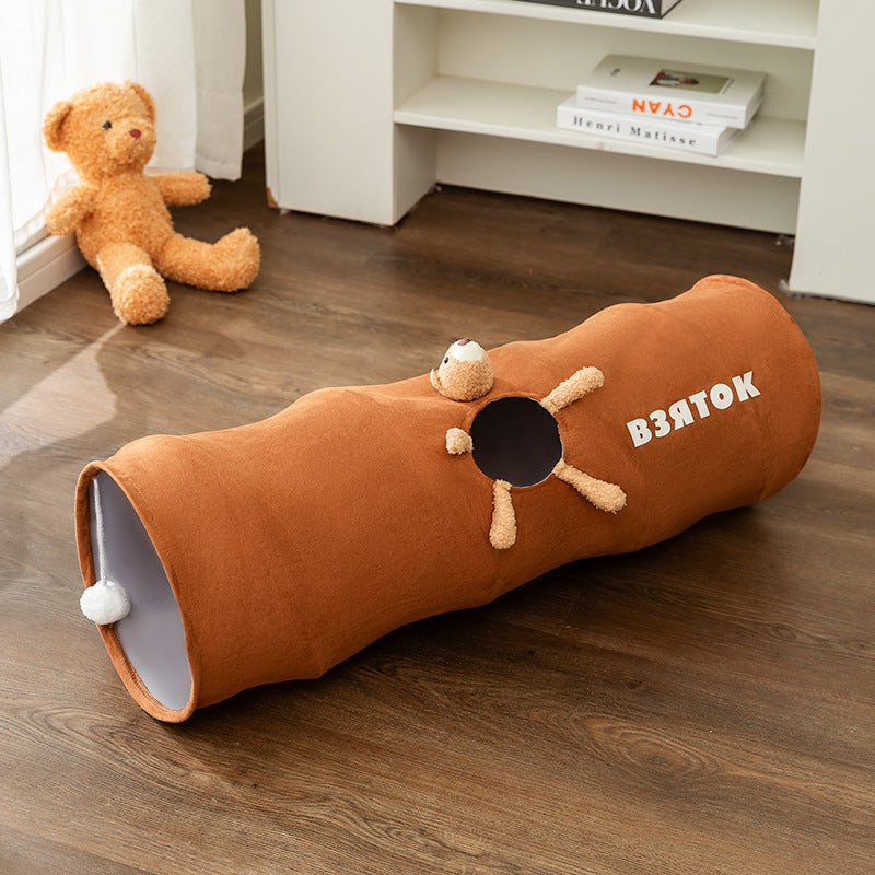 KFX-8841917 Foldable Cartoon Cat Tunnel in Brown Bear and Gray - Available in Small and Large Sizes