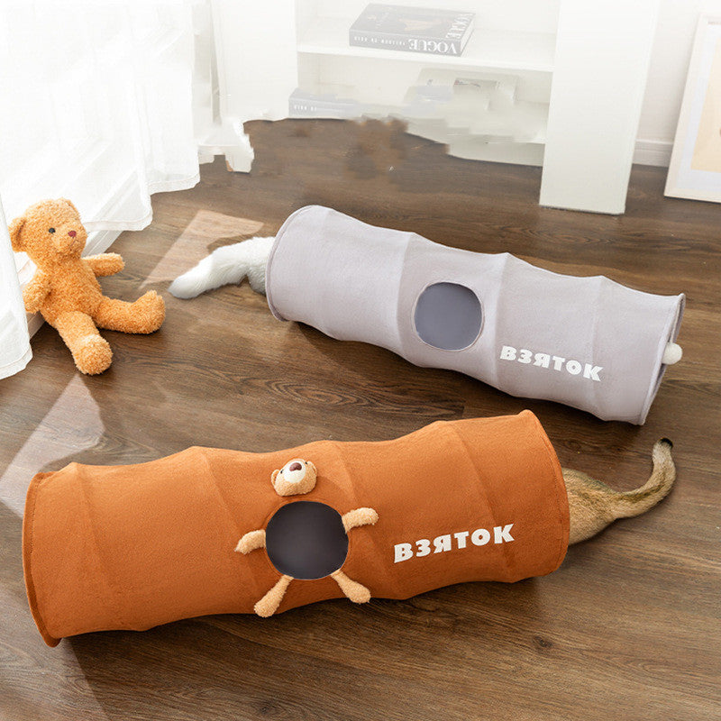 KFX-8841917 Foldable Cartoon Cat Tunnel in Brown Bear and Gray - Available in Small and Large Sizes