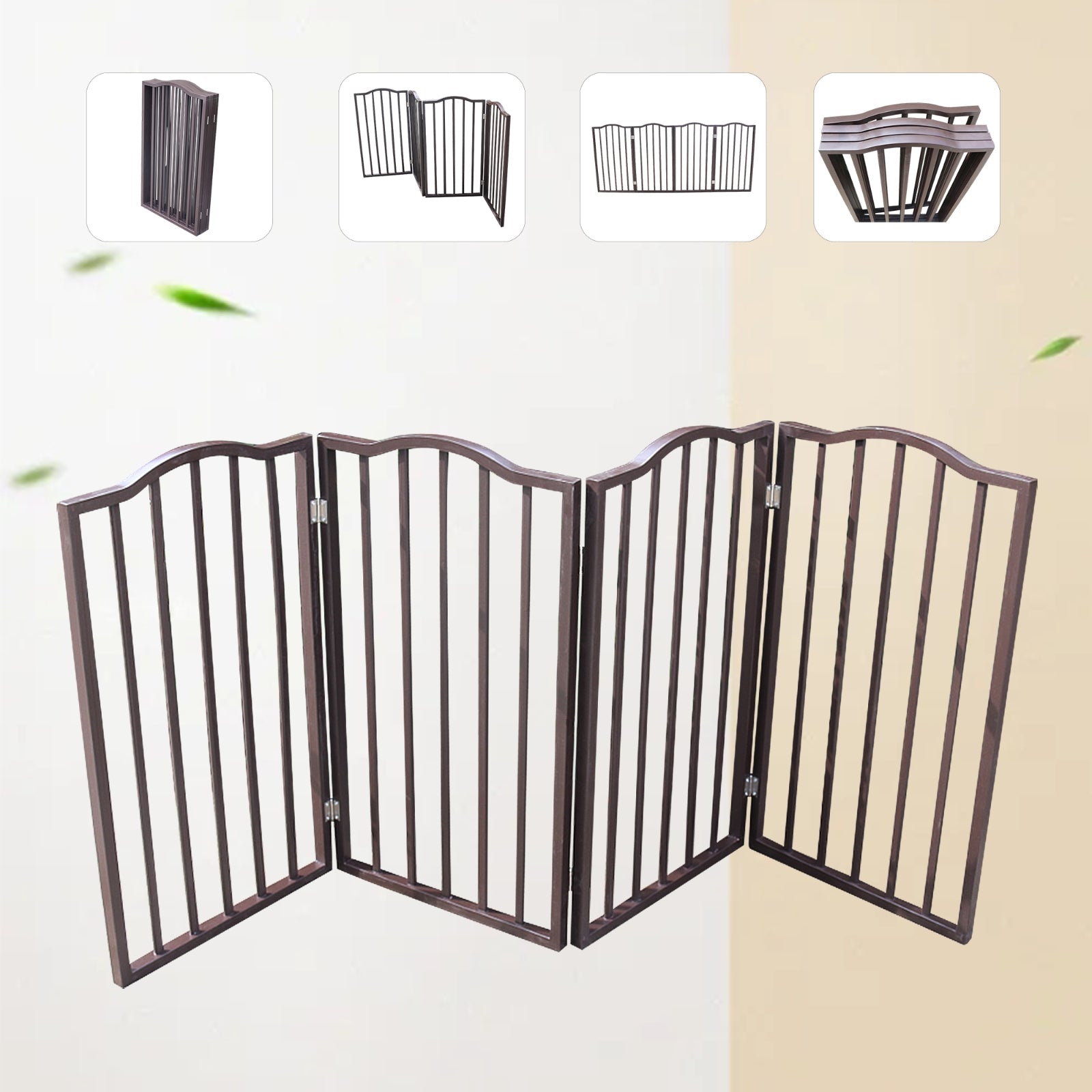 KFX-8844221 Freestanding Folding Arc Wooden Dog Gate for Doorways and Stairs - Dark Brown