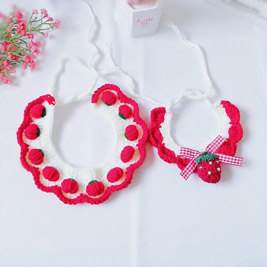 KFX-8844605 Strawberry Wool Knitted Pet Collar for Cats and Dogs, Available in Multiple Sizes