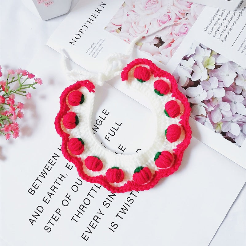 KFX-8844605 Strawberry Wool Knitted Pet Collar for Cats and Dogs, Available in Multiple Sizes