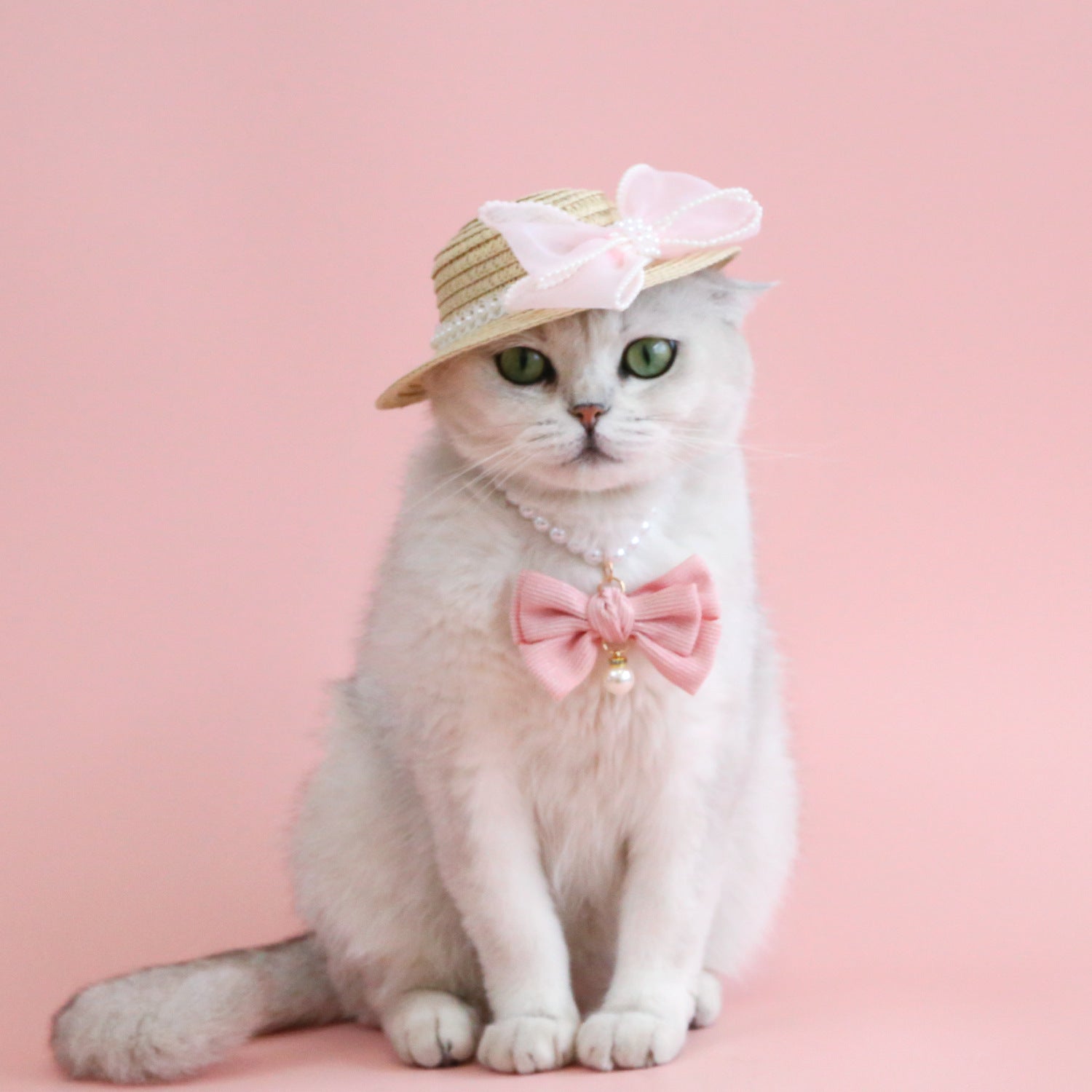 KFX-8844861 Pet Cat Lady Straw Hat with Pearl Bow in Multiple Colors