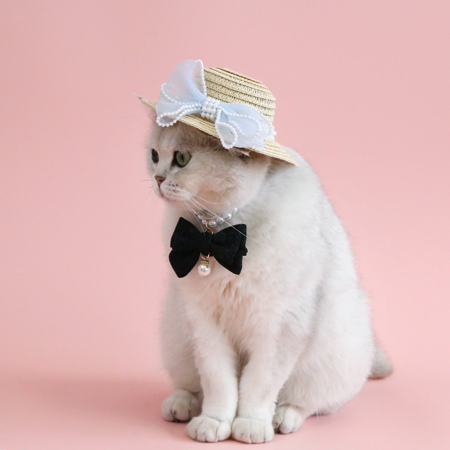 KFX-8844861 Pet Cat Lady Straw Hat with Pearl Bow in Multiple Colors