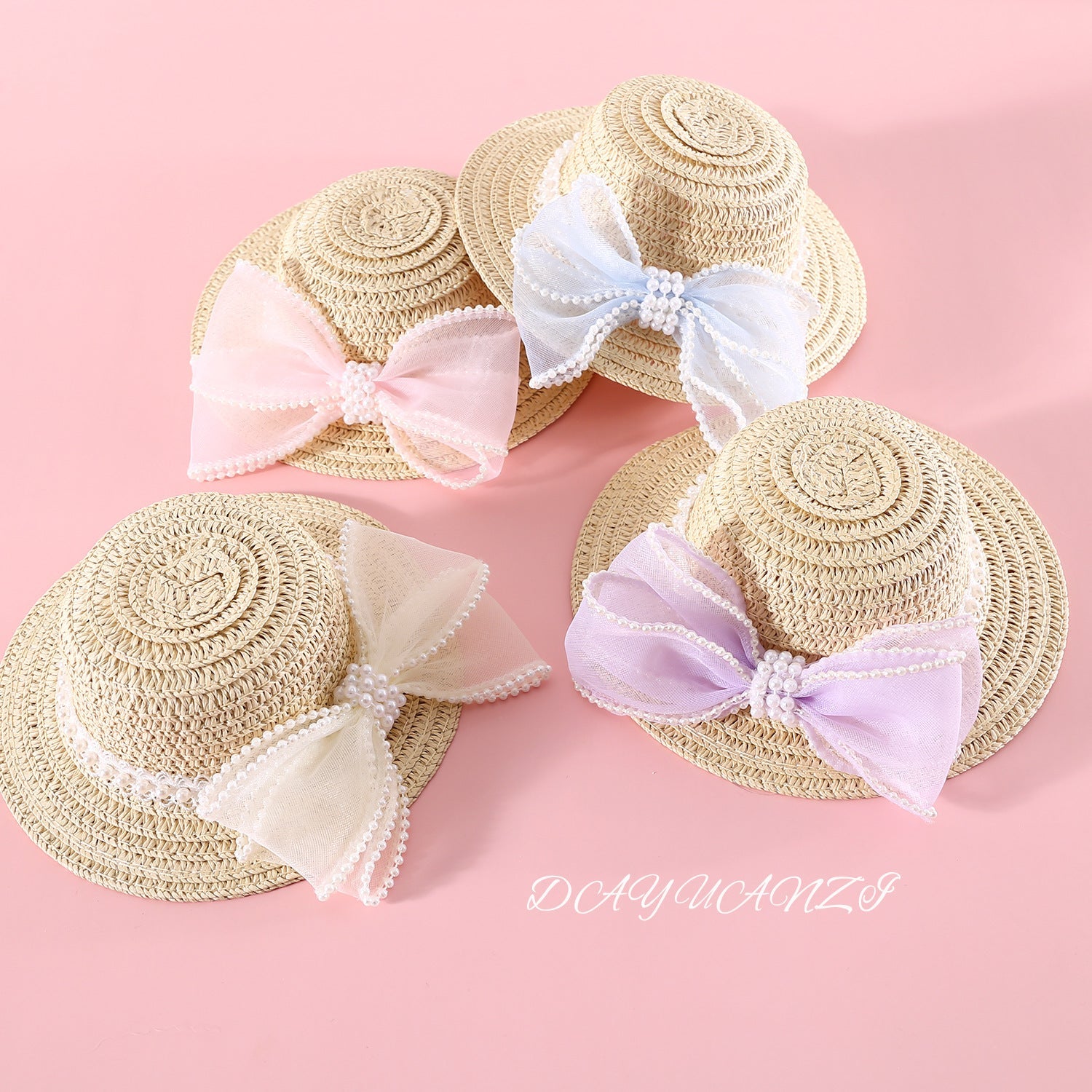 KFX-8844861 Pet Cat Lady Straw Hat with Pearl Bow in Multiple Colors