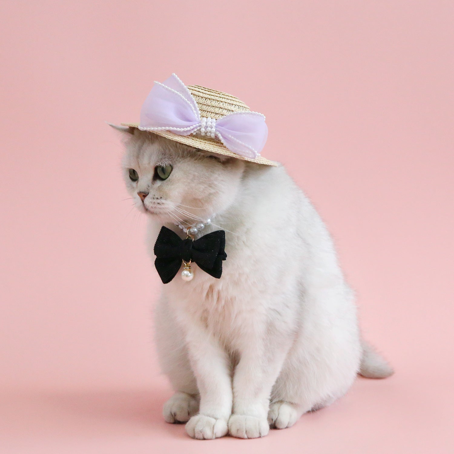 KFX-8844861 Pet Cat Lady Straw Hat with Pearl Bow in Multiple Colors