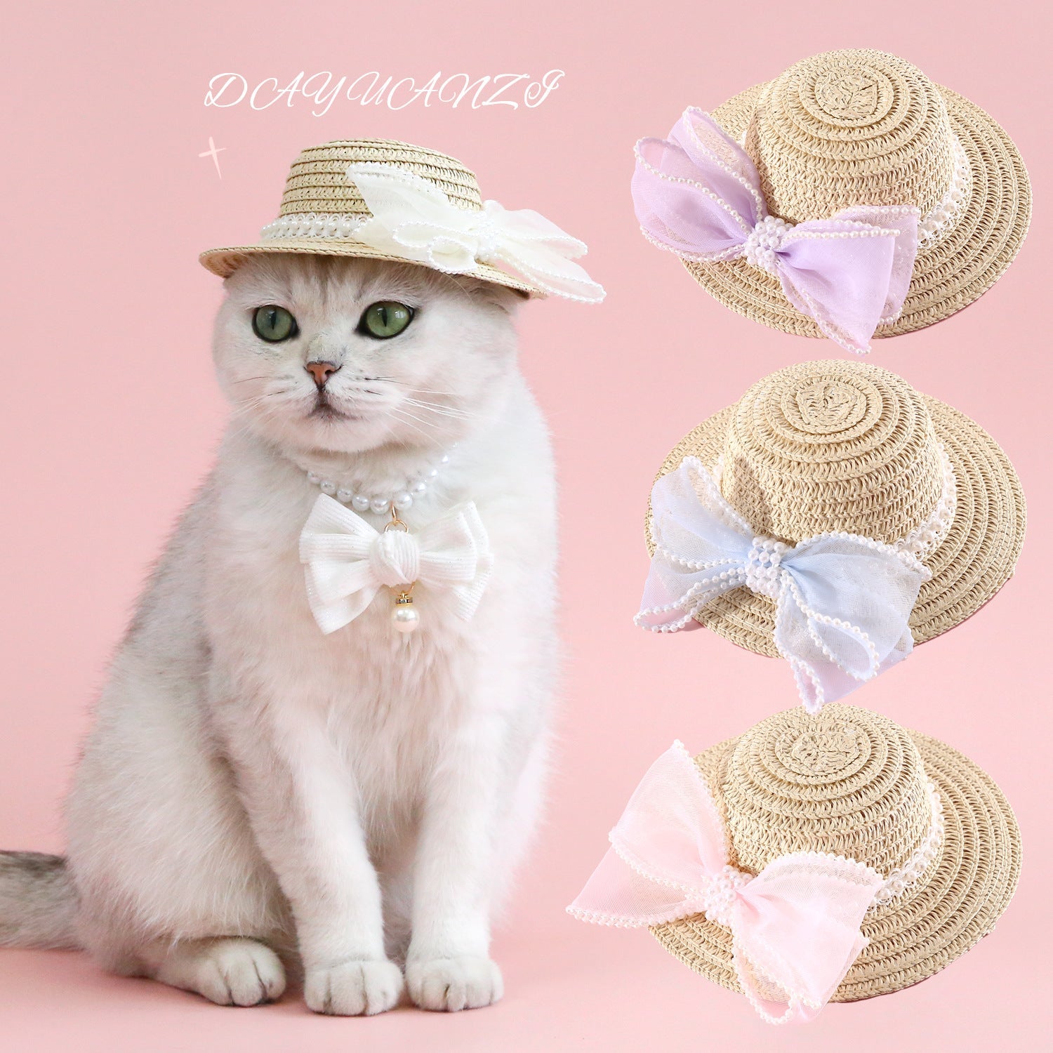 KFX-8844861 Pet Cat Lady Straw Hat with Pearl Bow in Multiple Colors