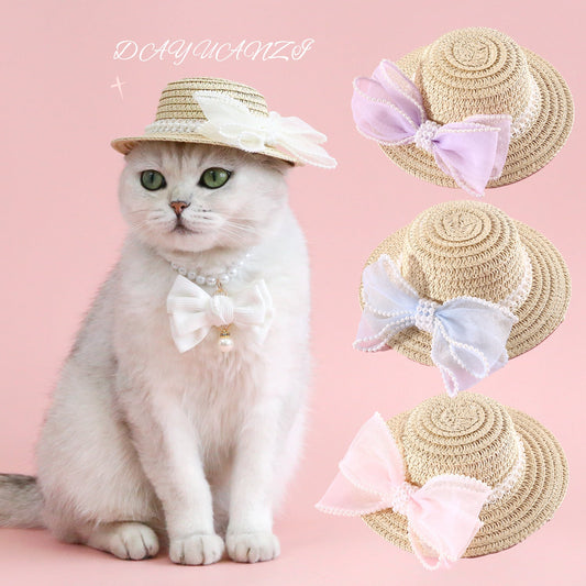 KFX-8844861 Pet Cat Lady Straw Hat with Pearl Bow in Multiple Colors