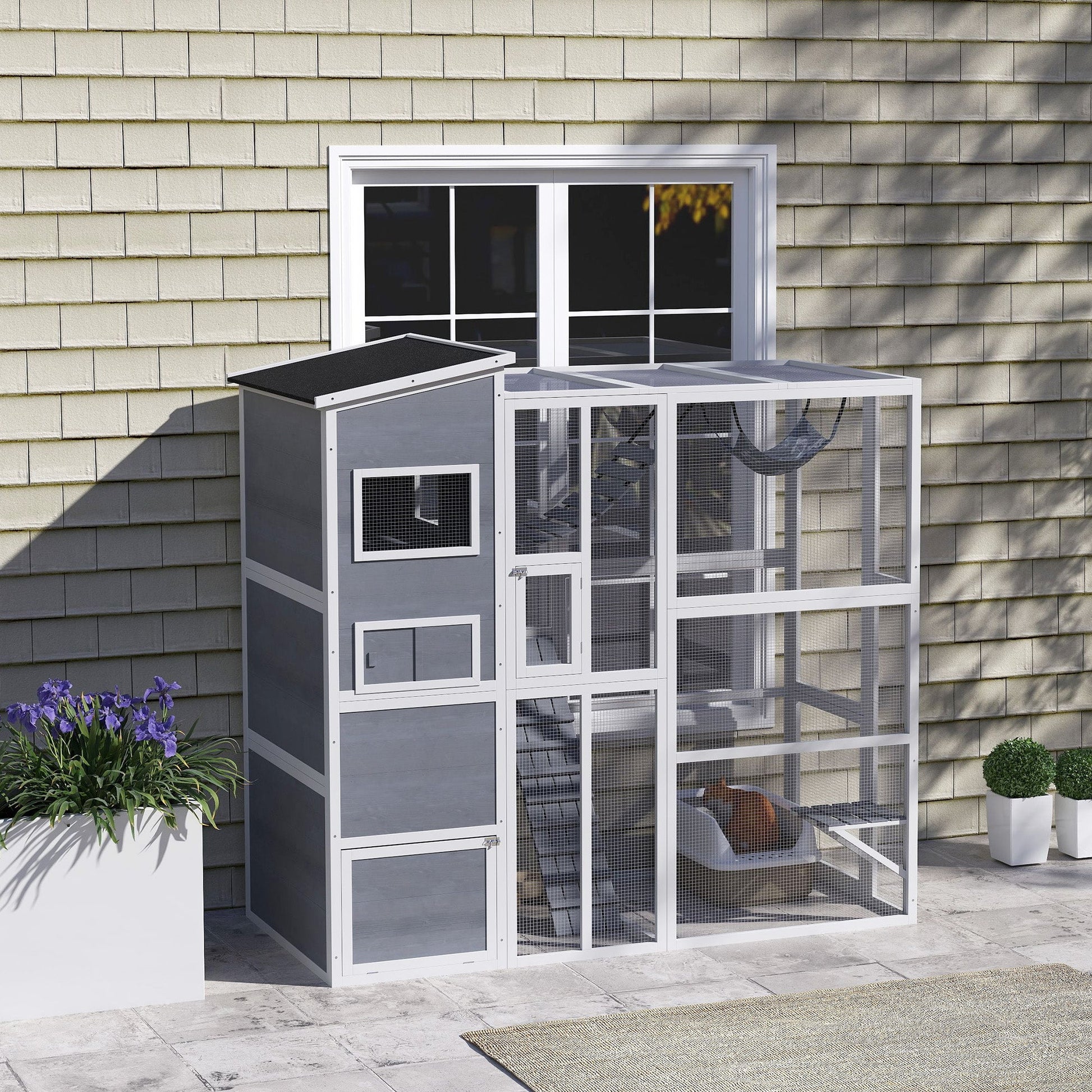 KFX-8846269 Large Wooden Outdoor Cat Enclosure with 4 Tiers, 3 Platforms, Ramps, Hammock & Soft Ladder in Gray