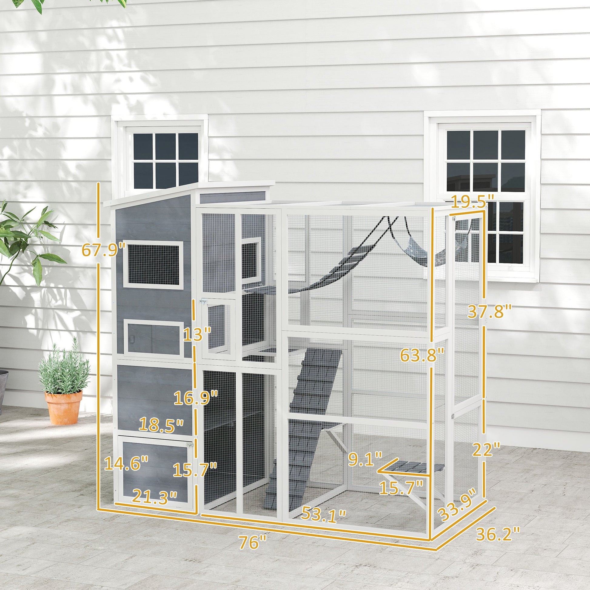 KFX-8846269 Large Wooden Outdoor Cat Enclosure with 4 Tiers, 3 Platforms, Ramps, Hammock & Soft Ladder in Gray