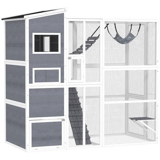 KFX-8846269 Large Wooden Outdoor Cat Enclosure with 4 Tiers, 3 Platforms, Ramps, Hammock & Soft Ladder in Gray