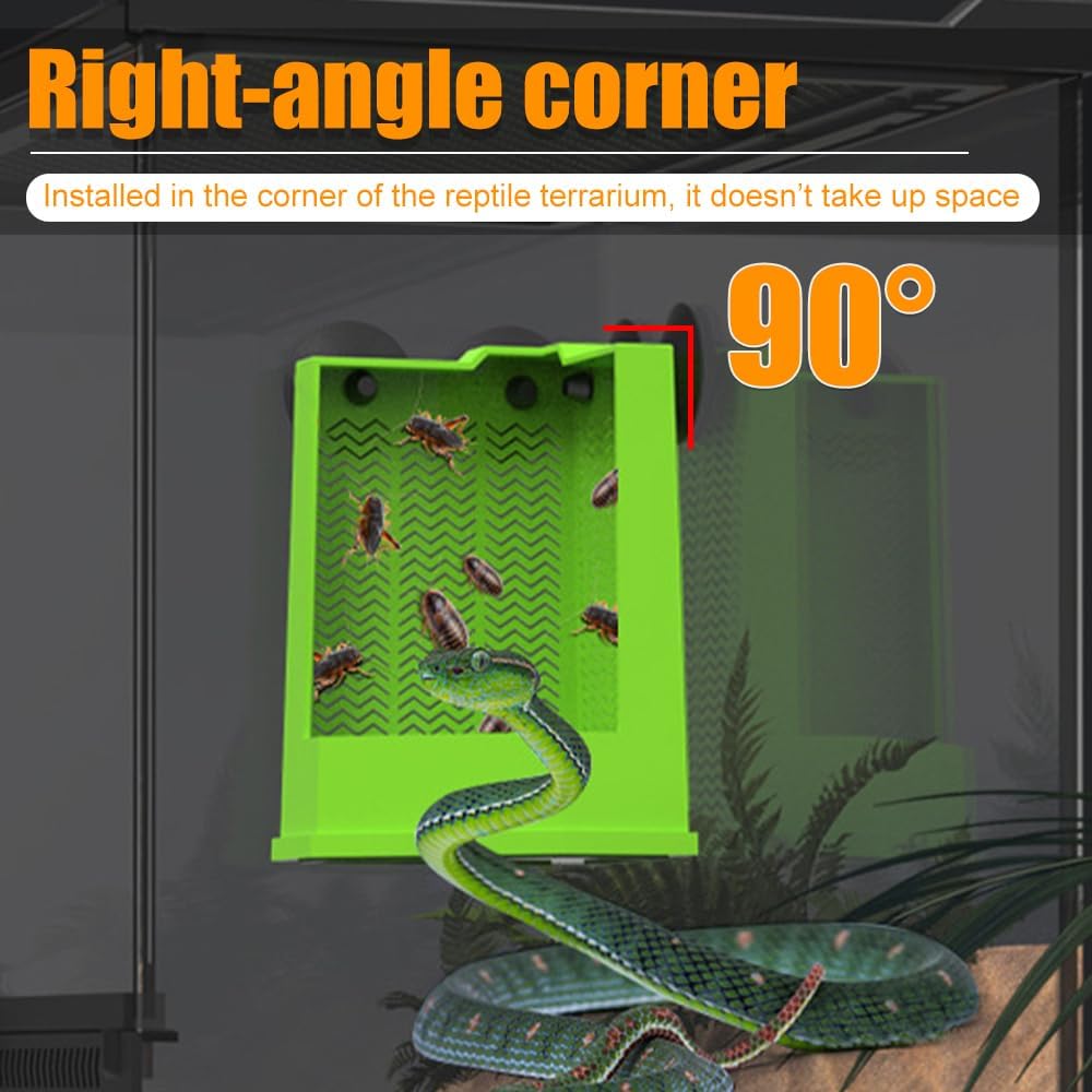 KFX-8848573 Corner Reptile Feeder Box with Suction Cups for Climbing Pets - Ideal for Bearded Dragons, Lizards, and Geckos
