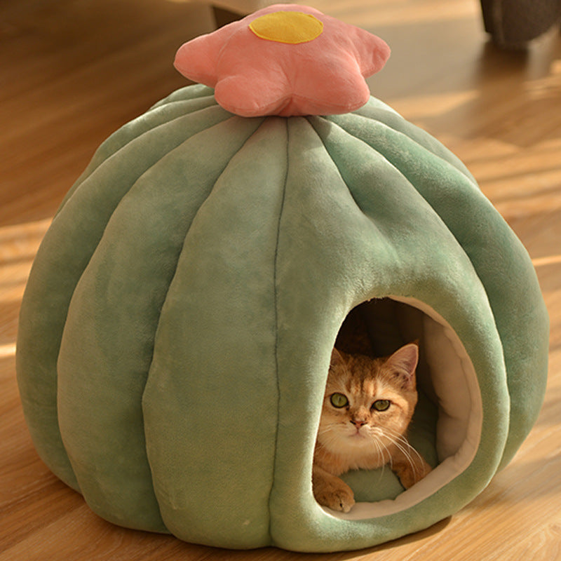 KFX-8852413 Cozy Closed Cat Nest in Fruit Green and Skin Pink, Velvet Material, Sizes Medium and Large