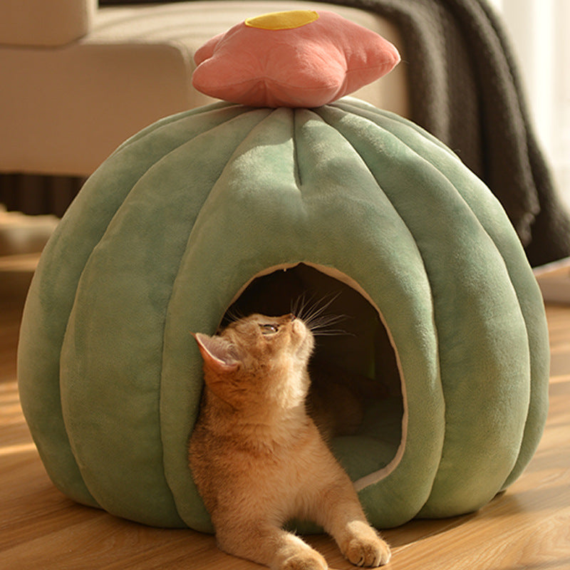 KFX-8852413 Cozy Closed Cat Nest in Fruit Green and Skin Pink, Velvet Material, Sizes Medium and Large