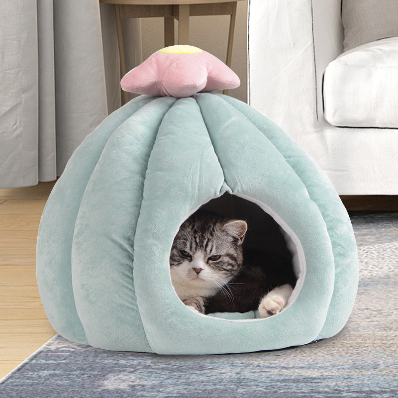 KFX-8852413 Cozy Closed Cat Nest in Fruit Green and Skin Pink, Velvet Material, Sizes Medium and Large