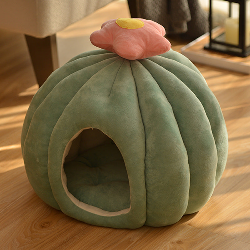KFX-8852413 Cozy Closed Cat Nest in Fruit Green and Skin Pink, Velvet Material, Sizes Medium and Large