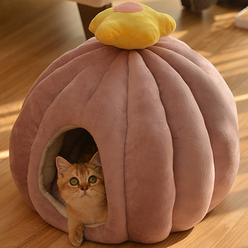 KFX-8852413 Cozy Closed Cat Nest in Fruit Green and Skin Pink, Velvet Material, Sizes Medium and Large