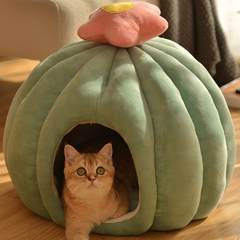 KFX-8852413 Cozy Closed Cat Nest in Fruit Green and Skin Pink, Velvet Material, Sizes Medium and Large
