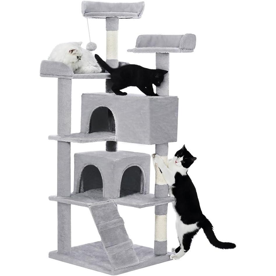 KFX-8853821 Multi-Level Cat Tree with 2 Apartments and Scratching Posts, 56-inch Cat Activity Center in Light Gray