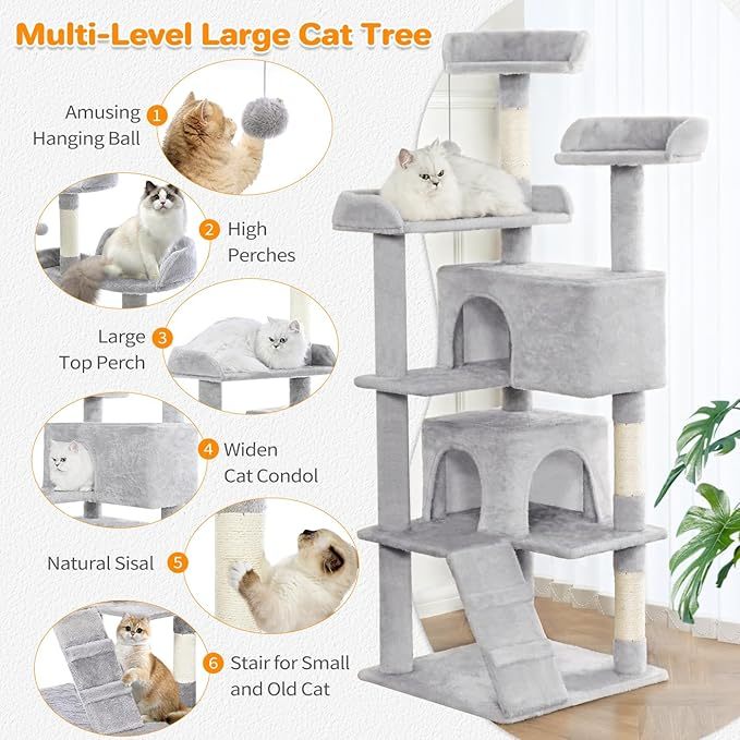 KFX-8853821 Multi-Level Cat Tree with 2 Apartments and Scratching Posts, 56-inch Cat Activity Center in Light Gray