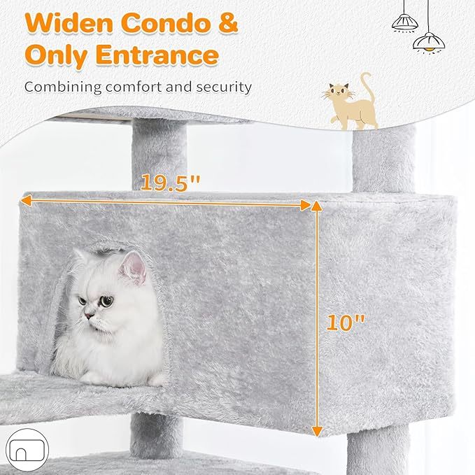 KFX-8853821 Multi-Level Cat Tree with 2 Apartments and Scratching Posts, 56-inch Cat Activity Center in Light Gray