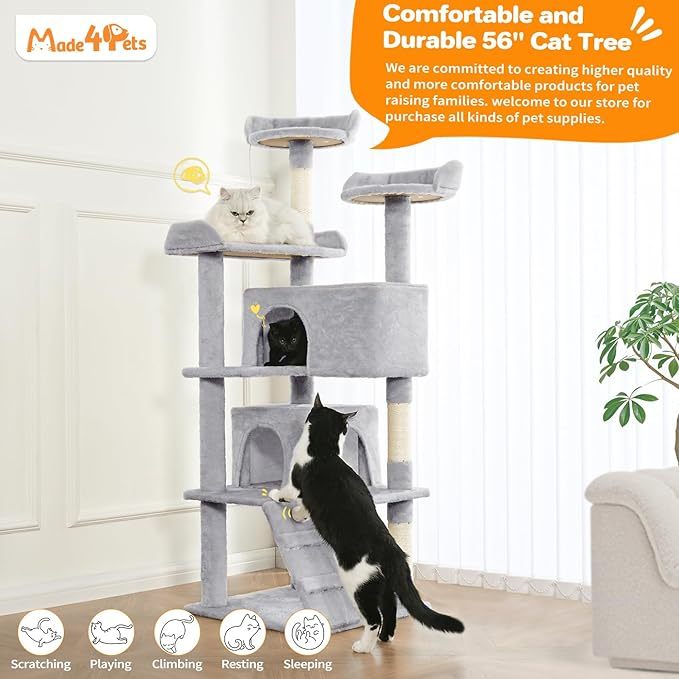 KFX-8853821 Multi-Level Cat Tree with 2 Apartments and Scratching Posts, 56-inch Cat Activity Center in Light Gray