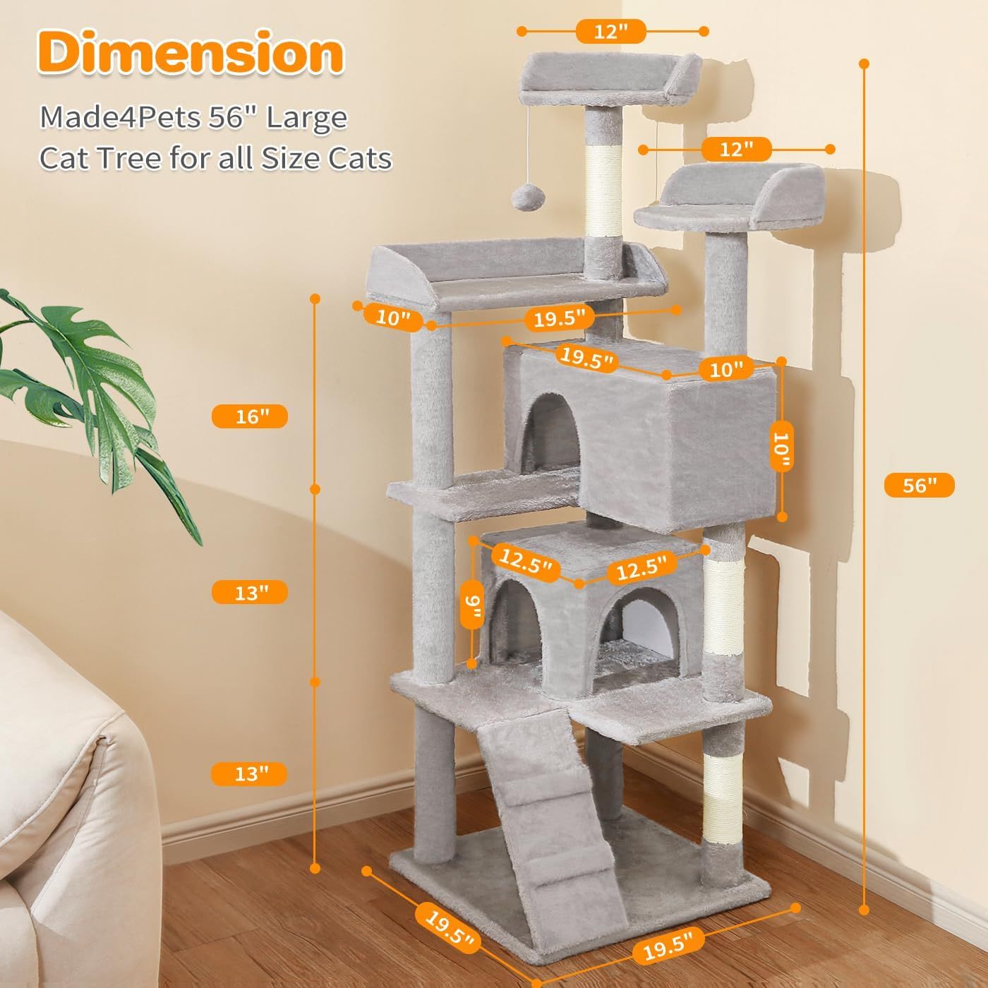 KFX-8853821 Multi-Level Cat Tree with 2 Apartments and Scratching Posts, 56-inch Cat Activity Center in Light Gray