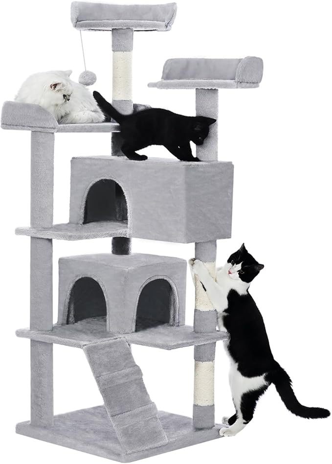 KFX-8853821 Multi-Level Cat Tree with 2 Apartments and Scratching Posts, 56-inch Cat Activity Center in Light Gray