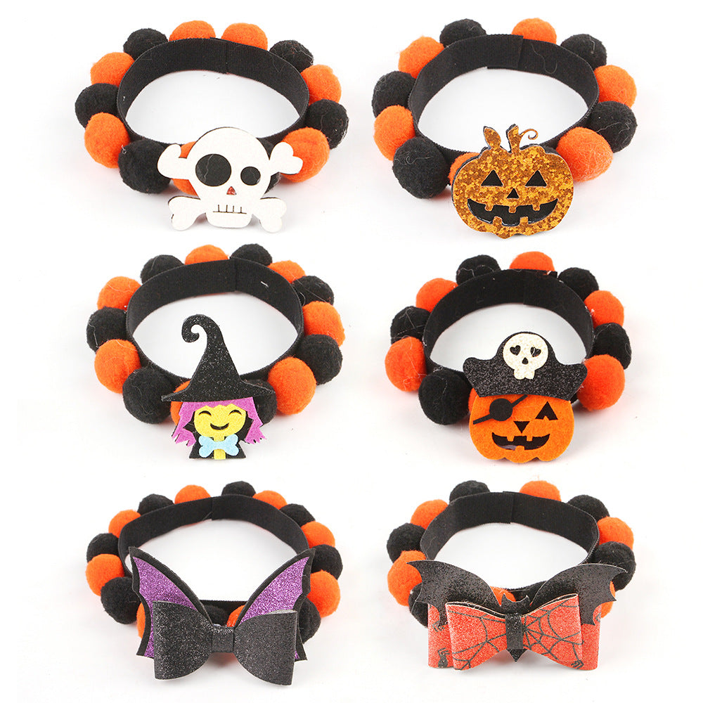 KFX-8856125 Halloween Pet Fur Ball Collar with Pumpkin and Bow Designs - Multiple Sizes Available