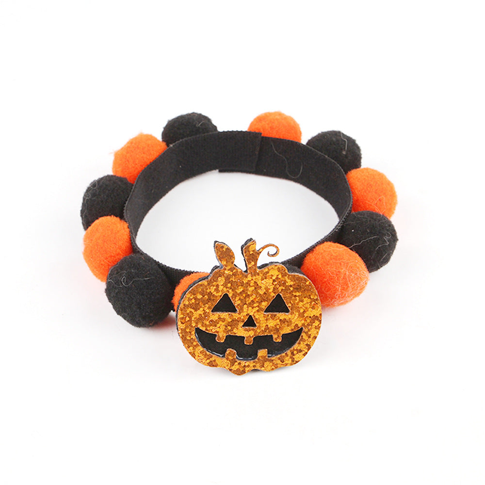 KFX-8856125 Halloween Pet Fur Ball Collar with Pumpkin and Bow Designs - Multiple Sizes Available