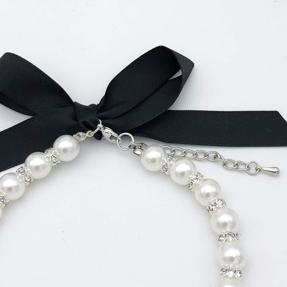 KFX-8861373 Elegant Pearl and Rhinestone Necklace for Small Dogs and Cats - Adjustable Bling Collar with Ribbon Bow