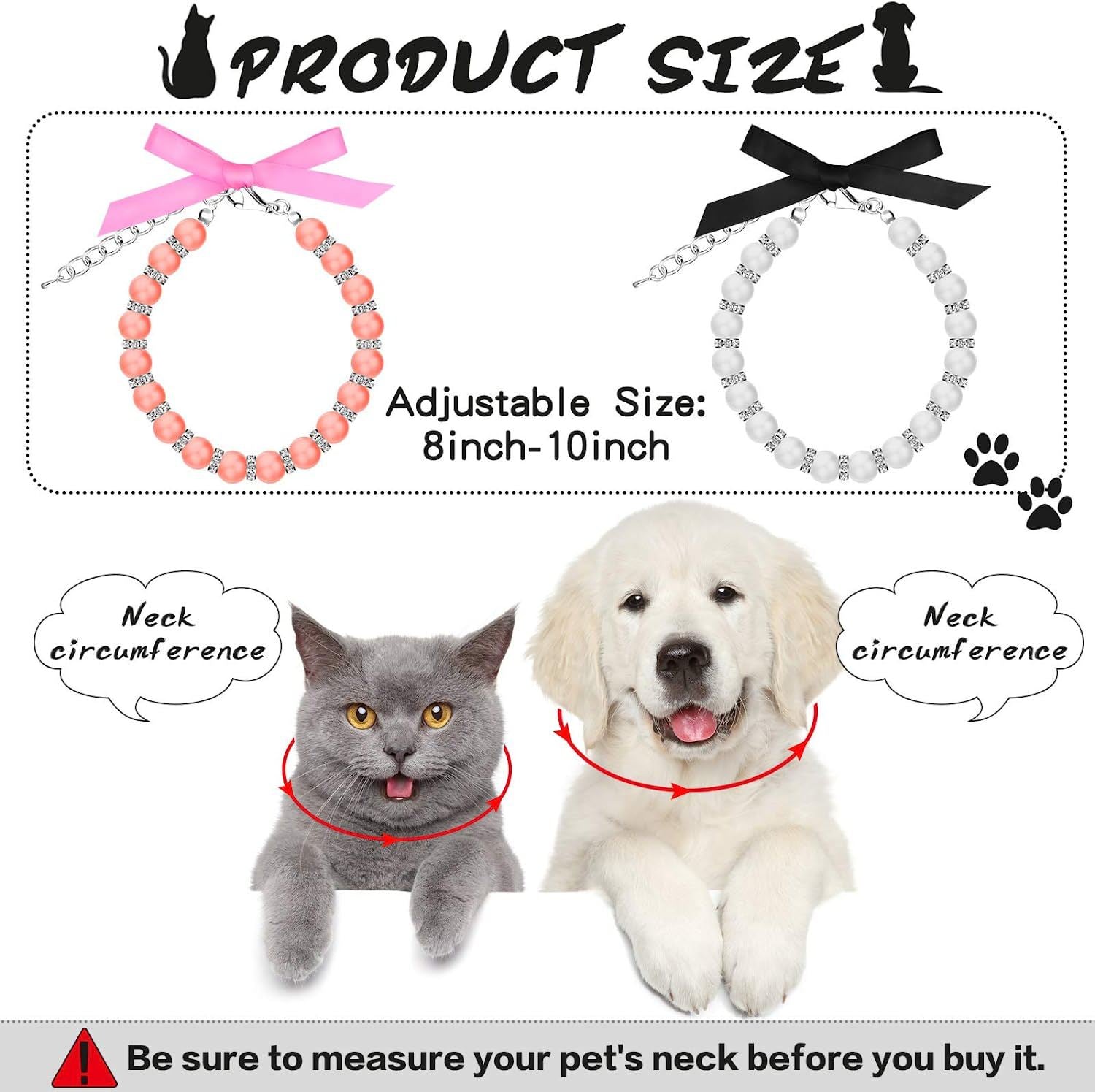 KFX-8861373 Elegant Pearl and Rhinestone Necklace for Small Dogs and Cats - Adjustable Bling Collar with Ribbon Bow