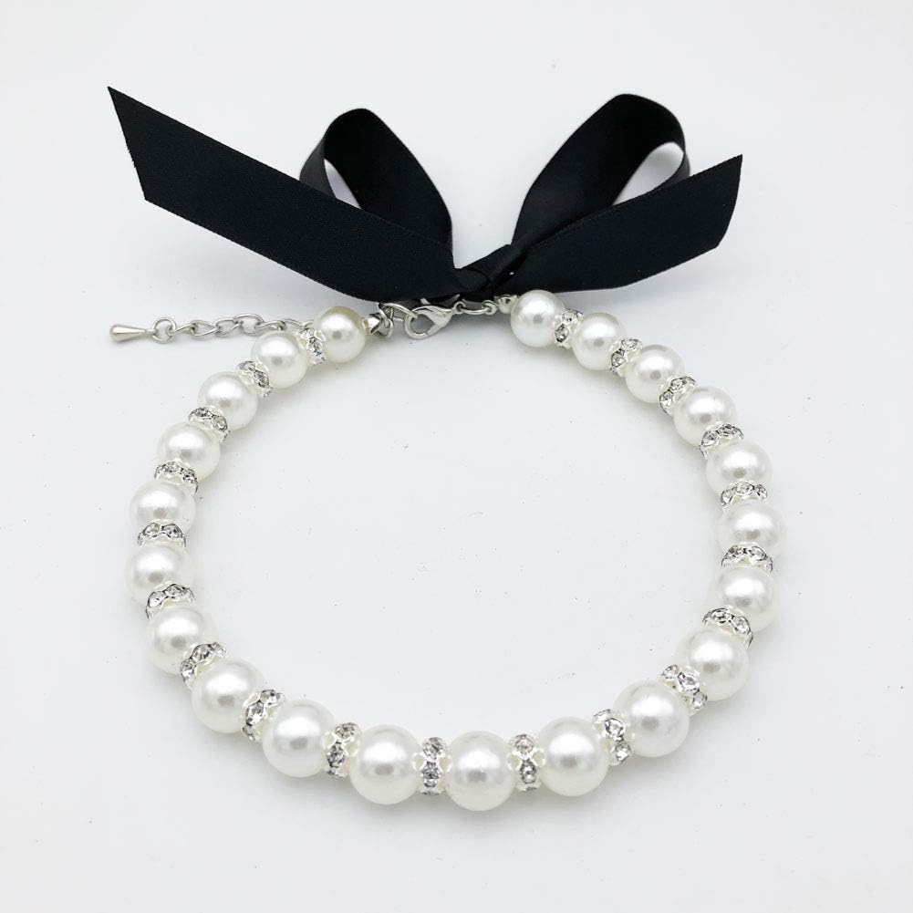 KFX-8861373 Elegant Pearl and Rhinestone Necklace for Small Dogs and Cats - Adjustable Bling Collar with Ribbon Bow