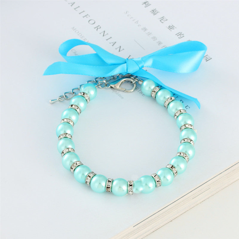 KFX-8861373 Elegant Pearl and Rhinestone Necklace for Small Dogs and Cats - Adjustable Bling Collar with Ribbon Bow