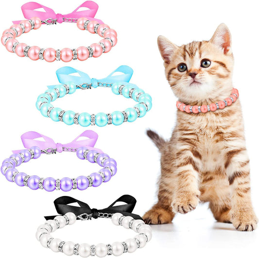 KFX-8861373 Elegant Pearl and Rhinestone Necklace for Small Dogs and Cats - Adjustable Bling Collar with Ribbon Bow