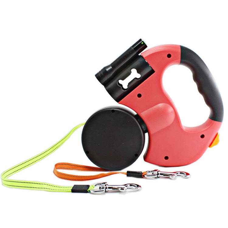 KFX-8863677 Dual Headed Retractable Dog Leash with LED Light and Garbage Bag Holder