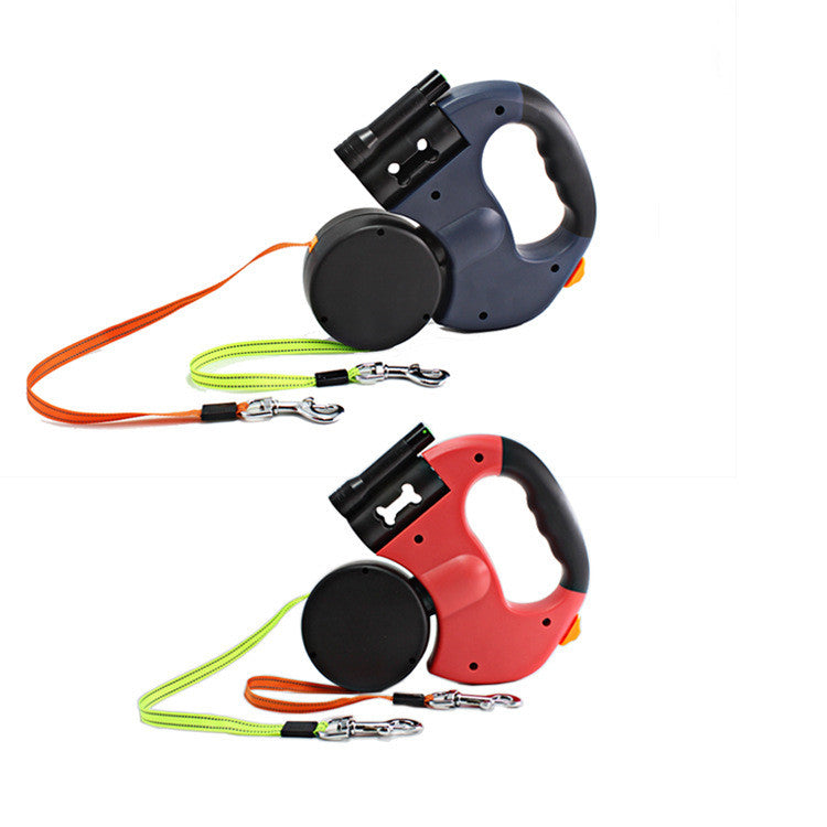 KFX-8863677 Dual Headed Retractable Dog Leash with LED Light and Garbage Bag Holder