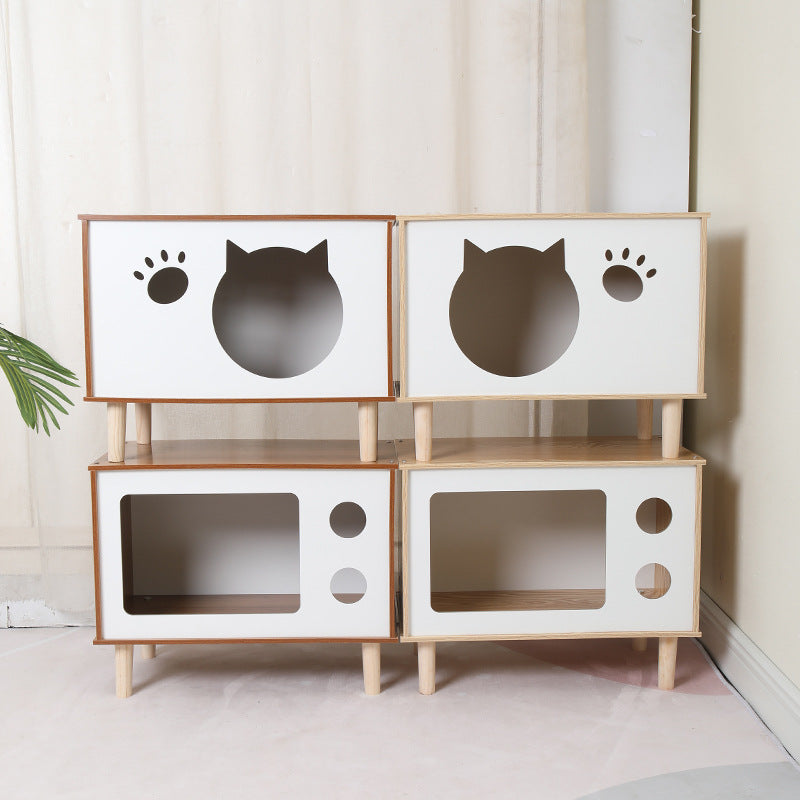 KFX-8863933 Wooden Cat Nest Bedside Table - Stylish Solid Wood Pet Bed for Cats