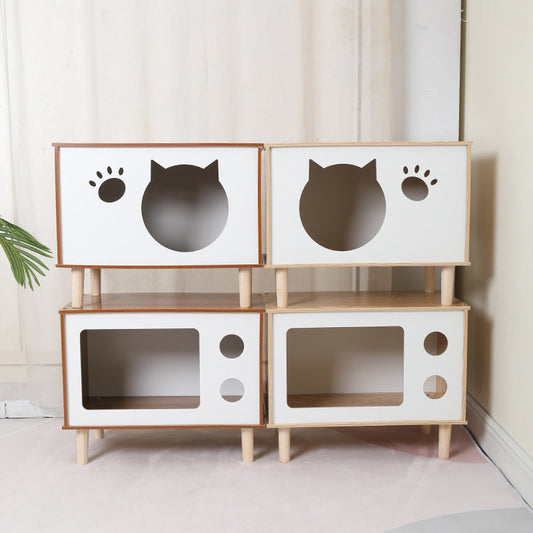 KFX-8863933 Wooden Cat Nest Bedside Table - Stylish Solid Wood Pet Bed for Cats